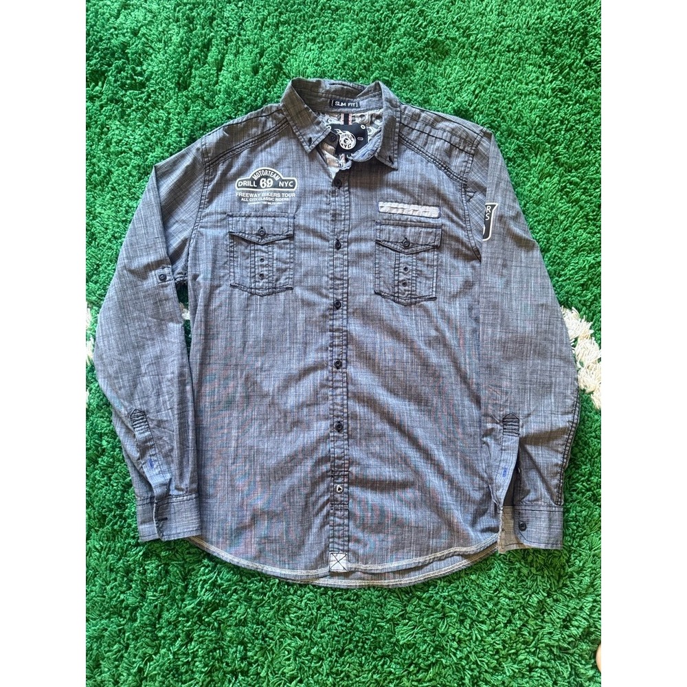 Drill NYC Button Down Shirt Mens Large Grey Excellent Biker Slim Fit Patch Long
